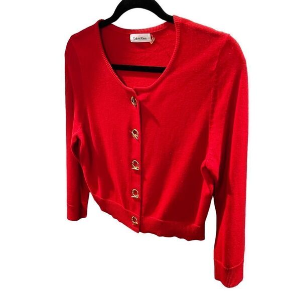 Calvin Klein Cardigan Sweater Red Cropped with Gold Toggle Closure size Medium - Picture 4 of 10